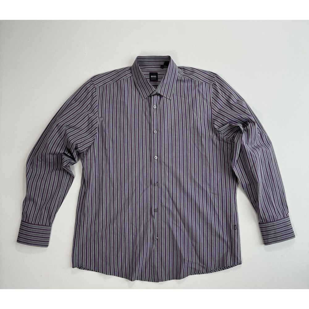 Hugo Boss Mens Large Regular Fit Button Down Shirt Purple Grey Striped Designer
